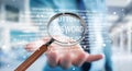 Hacker using digital magnifying glass to find password 3D render Royalty Free Stock Photo