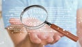 Hacker using digital magnifying glass to find password 3D render