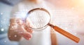 Hacker using digital magnifying glass to find password 3D render Royalty Free Stock Photo