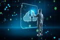 Hacker using glowing cloud computing circuit hologram on background. Data storage, hacking and technology concept