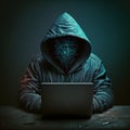 Hacker using internet to hack abstract computer server. Hooded attacker in laptop steals personal data. Blue glow light. Royalty Free Stock Photo