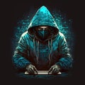 Hacker using internet to hack abstract computer server. Hooded attacker in laptop steals personal data. Blue glow light. Royalty Free Stock Photo