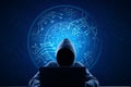 Hacker using laptop with abstract glowing digital circuit sphere on blue background. Hardware, technology, hacking, malware and