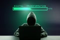 Hacker using laptop computer at desktop with abstract glowing loading bar on gray dark background. Digital transformation, hacking