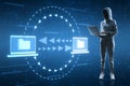 Hacker using laptop with creative digital data transfer and exchange folders on blue backdrop. Backup data, virtual document Royalty Free Stock Photo