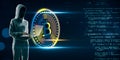 Hacker using laptop with creative glowing digital bitcoin on dark tech background with binary coding. Virtual cryptocurrency and Royalty Free Stock Photo