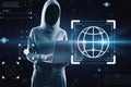 Hacker using laptop with creative hacking interface on background. Code window high tech UI and spyware concept Royalty Free Stock Photo