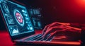 Hacker using laptop with futuristic red digital interface Royalty Free Stock Photo