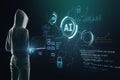 Hacker using laptop with glowing blurry ai hologram with binary coding on blurry background. Artificial intelligence, malware, Royalty Free Stock Photo