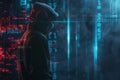 Hacker using laptop with glowing blurry AI hologram, binary coding on blurry background. malware, technology, and Royalty Free Stock Photo
