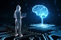 Hacker using laptop with glowing circuit brain hologram on dark background. AI, hacking, data theft, machine learning and