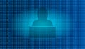 Hacker using laptop on hexadecimal and binary code pattern blue background symbolizing cyber attack Royalty Free Stock Photo