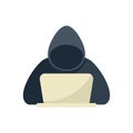 Hacker using laptop wearing hoodie with faceless avatar