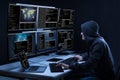 Hacker Using Multiple Computers For Stealing Data Royalty Free Stock Photo
