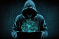 A hacker utilizing an abstract laptop featuring a digital interface with binary code. AI Royalty Free Stock Photo
