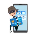 Hacker vector character holding credit card information stealing login information and online data Royalty Free Stock Photo