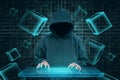 Hacker with virtual keyboard trying to hack blockchain security