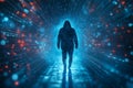 Hacker is walking through cyberspace data stream creating digital tunnel effect Royalty Free Stock Photo