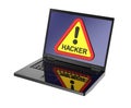 Hacker warning sign on laptop screen.