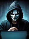Hacker Wearing the Anonymous Mask and hoodie on dark binary code background Royalty Free Stock Photo