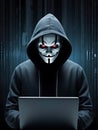 Hacker Wearing the Anonymous Mask and hoodie on dark binary code background Royalty Free Stock Photo