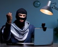 Hacker wearing balaclava mask hacking computer Royalty Free Stock Photo