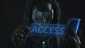 Hacker wearing black mask pulls ACCESS tab from a smartphone. Hacking concept