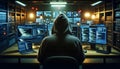 Hacker wearing a hoodie, sitting in front of multiple Computer screens, cybersecurity, vulnerabilities