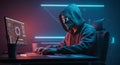 Hacker Wearing Mask Typing on Keyboard in Dark Cyber Room