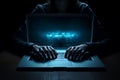 Hacker woman typing on laptop computer at night