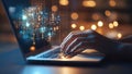 Hacker Woman Typing on a Laptop Notebook Acessing The Internet Network Grid in a Matrix Web Background (Computer Coding) Royalty Free Stock Photo
