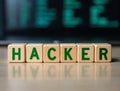 Hacker word written with wooden blocks in front of computer screen showing source code Royalty Free Stock Photo