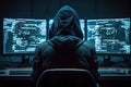 Hacker working on computer. Back view of unrecognizable man sitting in front of monitor screen. Generative AI Royalty Free Stock Photo