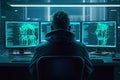 Hacker working on computer. Back view of unrecognizable man sitting in front of monitor screen. Generative AI Royalty Free Stock Photo