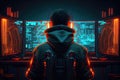 Hacker working on computer. Back view of unrecognizable man sitting in front of monitor screen. Generative AI Royalty Free Stock Photo