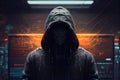 Hacker working on computer. Back view of unrecognizable man sitting in front of monitor screen. Generative AI Royalty Free Stock Photo