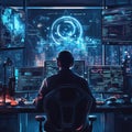 A Hacker Working on a Computer with Multiple Screens Showing Code and Data Royalty Free Stock Photo
