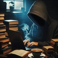 Hacker working on computer online, internet crime concept illustration