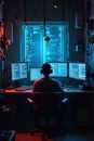 Hacker working in digital fortress with multiple monitors and futuristic interface Royalty Free Stock Photo