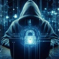 A hacker working on a laptop with an abstract binary code background and padlock Royalty Free Stock Photo
