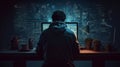 Hacker working with laptop in dark room back view. Generative AI