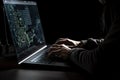 Hacker working on laptop in dark room, cyber security concept. A programmers rear view closeup doing programming , AI Generated Royalty Free Stock Photo