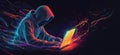 Hacker working on laptop, neon digital effects, dark background, coding, cyber security, technology, data flow, copy Royalty Free Stock Photo