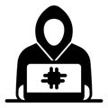 Hacker working at laptop solid icon, hacker attacks concept. Vector graphics. IT criminal man with computer sign on Royalty Free Stock Photo