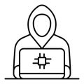 Hacker working at laptop thin line icon, hacker attacks concept. Vector graphics. IT criminal man with computer sign on Royalty Free Stock Photo