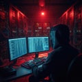 Hacker Working on Multiple Computer Screens in Dark Server Room Royalty Free Stock Photo