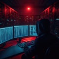 Hacker Working on Multiple Computer Screens at Night Royalty Free Stock Photo