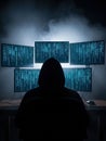 Hacker Working on Multiple Computer Screens at Night Royalty Free Stock Photo