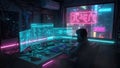 Hacker Working on Multiple Computers in a Neon-Lit Room Royalty Free Stock Photo
