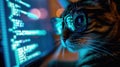 Hacker works in dark room, cat wearing glasses uses computer. Concept of spy, ransomware, cyber technology, hack, vulnerability, Royalty Free Stock Photo